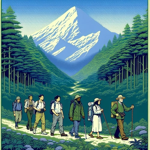 A group of people walking a trail in a forest with a mountain range in the background. Style Anime Introducing Printify’s AI Image Generator 8