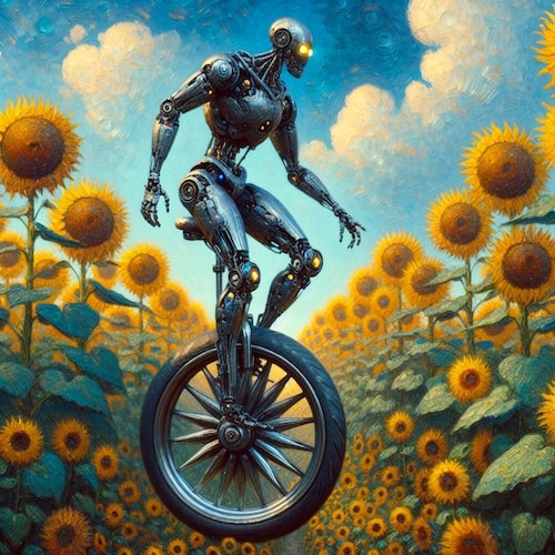 A robot riding a unicycle through a field of sunflowers in the style of Vincent van Gogh Introducing Printify’s AI Image Generator 9