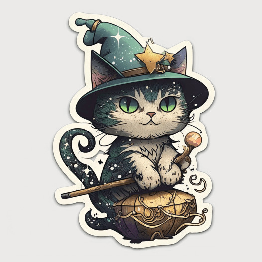 Design Ideas for Kiss Cut Stickers Animals 1 Kiss-cut sticker of a cartoon cat wearing a witch's hat and holding a cat toy that looks like a witch's staff.
