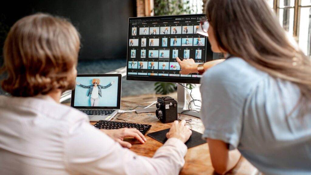 How to sell on Amazon Add high quality product images and videos People selecting product pictures to edit.