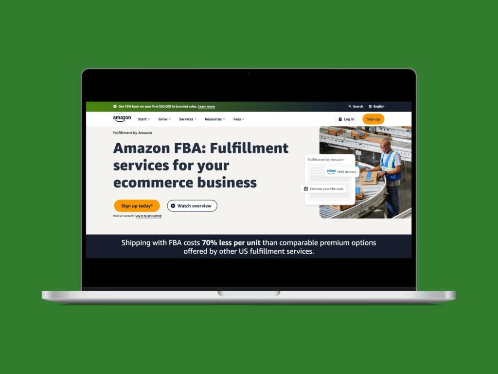 How to sell on Amazon FBA Fulfillment by Amazon (FBA) homepage hero section screenshot.