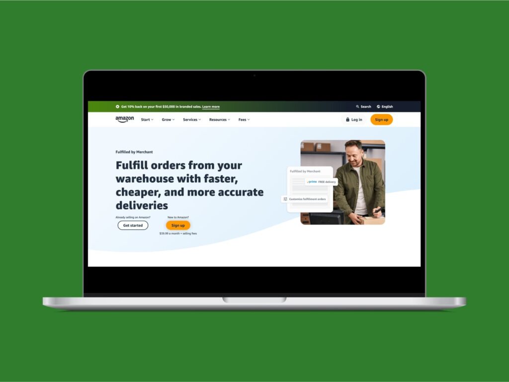 How to sell on Amazon FBM Amazon’s Fulfillment by Merchant (FBM) homepage hero section screenshot.