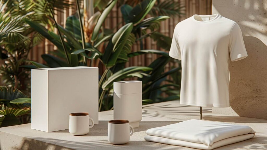 How to sell on Amazon Private label Examples of white label products: t-shirt, mugs, packaging, and a towel.