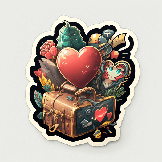 Design Ideas for Kiss Cut Stickers Travel 2 Kiss-cut sticker of a fantasy traveler's suitcase surrounded by hearts and various items.
