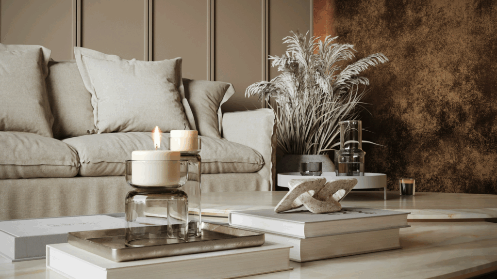 A cozy living room featuring a couch, books on a shelf, and flickering candles on a table.