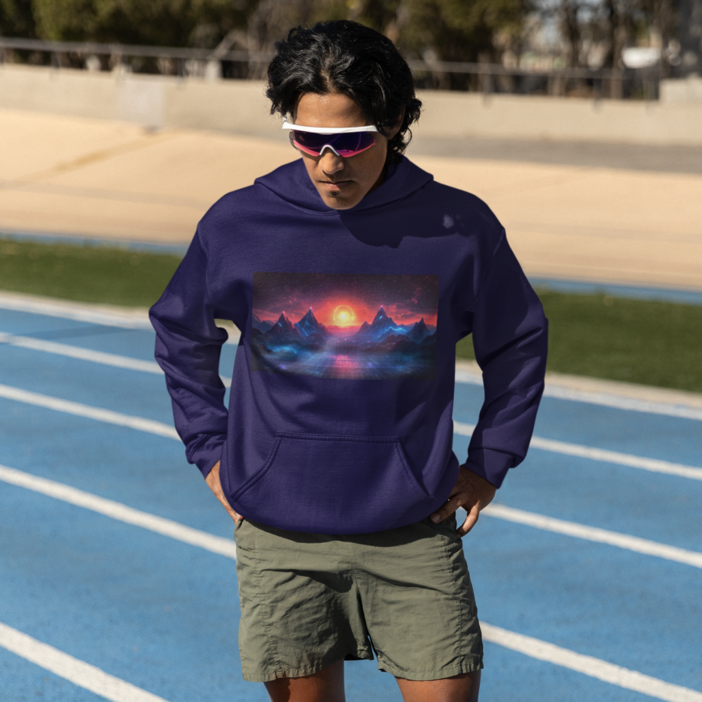 Retro wave and nostalgic art A man in a purple hoodie with a retro-wave styled print, wearing shorts and sunglasses.