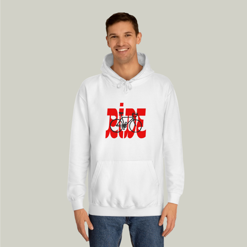 Unisex college hoodie AWDIS JH001 A man wearing a custom white “Ride” hoodie with a bicycle print.